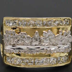 Real 10K Yellow Solid Gold Two-Tone Textured CZ Last Supper Open Side Ring 6.4gr | Men&#39;s Jewelry Unique Ring | Solid 10k Gold Ring for Men