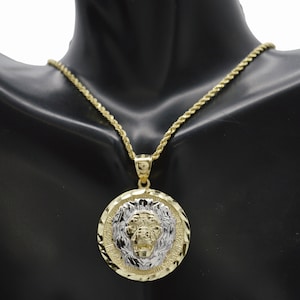 Real 10k Yellow Solid Gold Lion Head Medallion Pendant + Rope Chain 16&quot;-24&quot; | Fashion 10k Jewelry Pendant | Solid 10k Gold Pendant + Chain