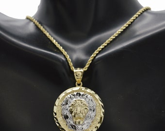 Colgante con medallón de cabeza de león de oro amarillo macizo de 10 k auténtico + cadena de cuerda de 16" a 24" / Colgante de joyería de moda de 10 k / Colgante de oro macizo de 10 k + cadena