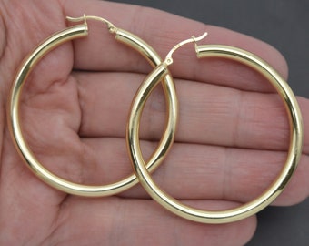 Real 14K Solid Yellow Gold 50mm x 4mm Big Large Shiny Hoop Earrings 5.0gr | Women-Ladies Jewelry Hoop Earrings | Solid 14k Hoop Earrings
