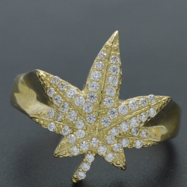 Real Solid 10K Yellow Gold 19mm Men Marijuana Cannabis Leaf Ring 4.2gr ALL Sizes | Men's Jewelry Unique Ring | Solid 10k Gold Ring for Men