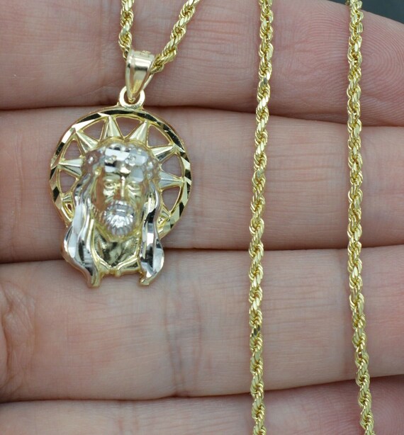 Real 10K Yellow Gold Jesus Head Pendant With Diamond Cut – Includes Chain (16-24 Inch Adjustable)
