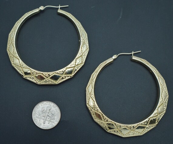 thumbnail image 2 of Stunning 10K Yellow Gold Octagon Hoop Earrings For Women - Diamond Cut Texture, Hinged Snap Closure, Real Gold Jewelry 2 of 4