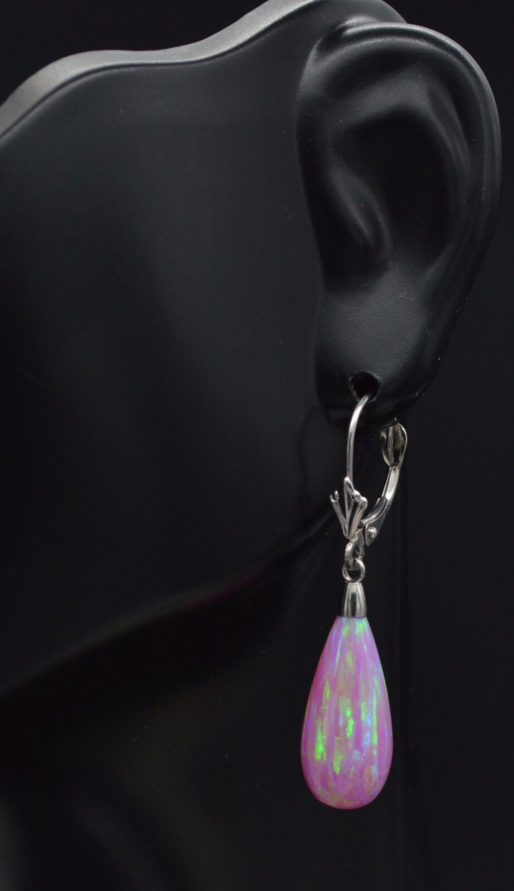 14K Solid White Gold Tear Drop Pink Fire Opal Lever Back  display picture 1