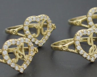 Real 10K Solid Yellow Gold 17mm CZ Heart Initial Letter Ring A-Z All Sizes 1.9gr