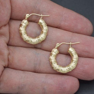Real 10K Solid Yellow Gold Shiny 20mm Round Bamboo Hollow Hoop Earrings 1.9gr | Women-Ladies Jewelry Hoop Earrings | 10k Gold Hoop Earrings