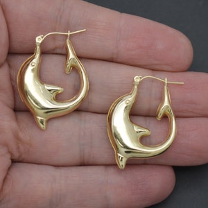 Real 10K Solid Yellow Gold 31mm Puffy Happy Dolphin Shape Hoop Earrings 2.6gr | Women-Ladies Jewelry Hoop Earrings | 10k Gold Hoop Earrings