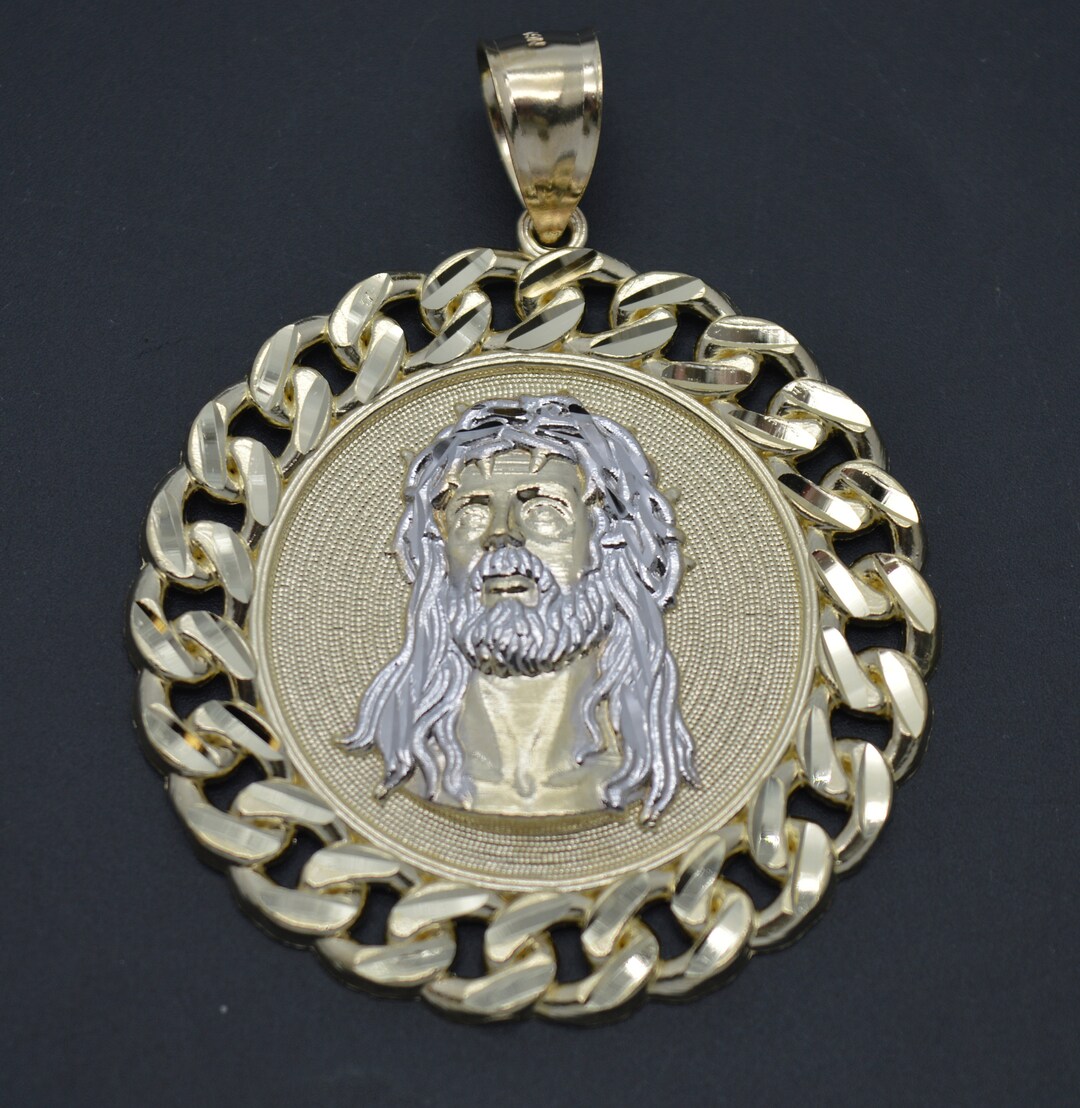 Yellow Jesus Chain Real 10K Yellow Gold Jesus Head Curb Chain Frame Medallion Pendant 49 ...