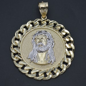 Real 10K Yellow Gold Jesus Head Curb Chain Frame Medallion Pendant 49.4mm 13.1gr | Fashion Men 10k Jewelry Pendant | Solid 10k Gold Pendant