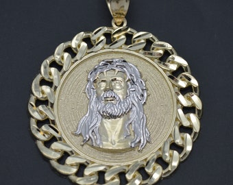 Real 10K Yellow Gold Jesus Head Curb Chain Frame Medallion Pendant 49.4mm 13.1gr | Fashion Men 10k Jewelry Pendant | Solid 10k Gold Pendant