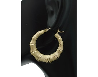 REAL 10K Yellow Gold 33mm Graduated Bamboo Hoop Earrings 3.9gr | Women-Ladies Jewelry Earrings | Solid 10k Gold Hoop Earrings
