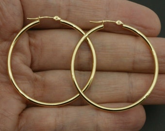 14k Solid Yellow Gold &quot;Large&quot; Plain Round hoop Earrings 40mm x2MM 1.7GR | Women-Ladies Jewelry Hoop Earrings | Solid 14k Gold Hoop Earrings