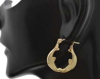 Real 10K Yellow Solid Gold Kissing Dolphin Earrings 21.6 mm 1.5 gr | 10k Women-Ladies Jewelry Earrings | Solid 10k Gold Hoop Earrings