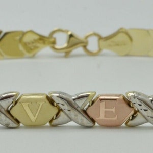 Real 10k Multi-color Gold &quot;Hugs & Kisses&quot; XO love Bracelet 6.3mm 7&#39;&#39;- 8&#39;&#39;&#39;| Women-Ladies 10k Gold Jewelry Bracelet | Solid 10k Gold Bracelet