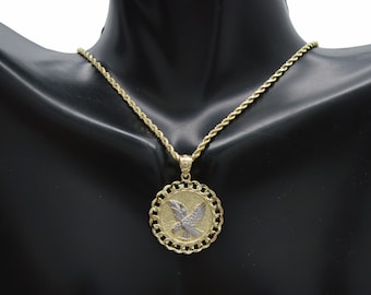 Real 10k amarillo sólido oro medallón águila colgante cubano + cadena de cuerda 16"-24" / colgante de joyería de moda 10k / colgante de oro sólido 10k + cadena