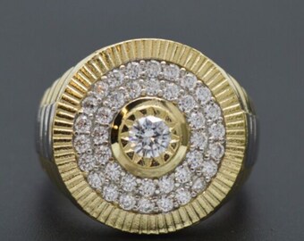 Men's Unisex Railroad Round CZ Ring Real Solid 10K Yellow White