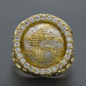 Real 10K Yellow Solid Gold Men&#39;s World Globe Map Ring CZ 20 mm ALL Sizes 6.3 Gr | Men&#39;s Jewelry Gold Ring | Solid 10k Gold Ring for Men