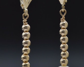 14K Solid Gold Natural Cultured White Pearl Gold Beads LeverBack Earrings | Women-Ladies Jewelry Earrings | Solid 14k Gold Drop Earrings