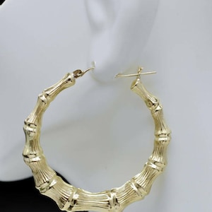 REAL 10K Yellow Gold 2&quot; 50mm Large Graduated Bamboo Hoop Earrings | Women-Ladies Jewelry Earrings | Solid 10k Gold Hoop Earrings