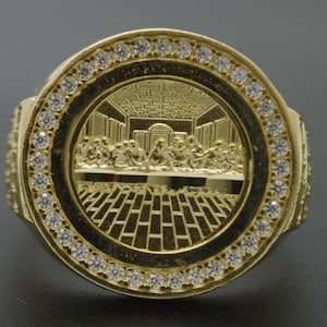 Real Solid 10K Yellow Gold Men&#39;s CZ Last Supper Head Ring 17.5mm ALL Sizes | Men&#39;s Jewelry Unique Gold Ring | Solid 10k Gold Ring for Men