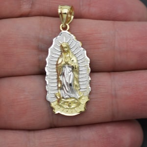 Pingente de medalhão da Virgem Maria de Guadalupe em ouro amarelo-branco real 10K 2,7gr | Pingente de joias masculino-feminino | Pingente Sólido em Ouro 10k