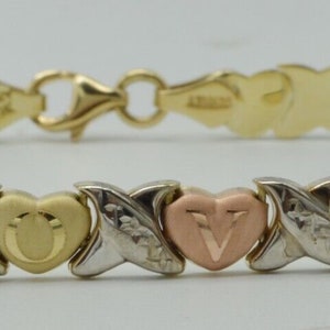 Real 10k Multi-color Gold &quot; Heart & Kisses&quot; XO love Bracelet 6.3mm 71/2&#39;&#39; | Women-Ladies Jewelry Bracelet | XO love Solid 10k Gold Bracelet