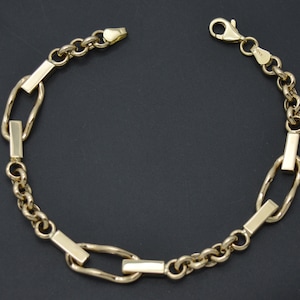Real 14K Yellow Solid Gold Shiny 7.5&quot; Rolo Interlocking Linked Bracelet 5 gr | Women-Ladies Jewelry Bracelet | Solid 14k Gold Bracelet