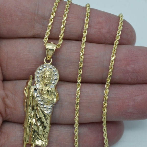 Real Solid 10K Yellow Gold Saint Lazarus Diamond Cut Pendant + Chain 16''-24'' | Fashion Women 10k Jewelry | Solid 10k Gold Pendant + Chain