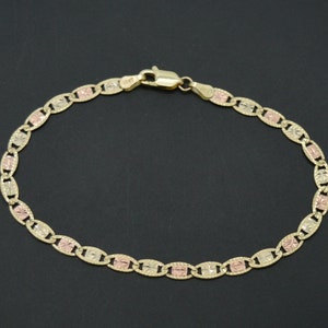 Real 10k Tri-Color Gold 3.5mm Valentino link Diamond Cut Bracelet 7&quot; | Women-Ladies Jewelry Bracelet | Solid 10k Gold Bracelet