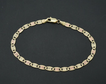 Real 10k Tri-Color Gold 3.5mm Valentino link Diamond Cut Bracelet 7" | Women-Ladies Jewelry Bracelet | Solid 10k Gold Bracelet