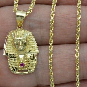 Ciondolo con testa di re egiziano in vero oro massiccio giallo 10K con taglio a diamante + catena / Ciondolo gioielli 10K per uomo moda / Ciondolo in oro massiccio 10K + catena