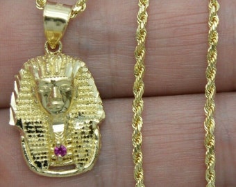 Real 10K Yellow Solid Gold Egyptian King Head Diamond Cut Pendant+Chain | Fashion Men 10k Jewelry Pendant | Solid 10k Gold Pendant + Chain