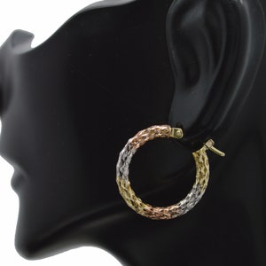 Real 14K Tri-color Gold 21.7mm Small Circle Diamond Cut Hoop Earrings 1.8 grams | Women-Ladies Jewelry Earrings | Solid 14k Hoop Earrings