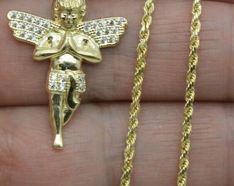 Real 10K Yellow Solid Gold CZ Praying Angel Charm Pendant+Chain | Fashion Women 10k Jewelry Pendant | Solid 10k Gold Pendant + Chain