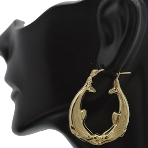 Real 10K Yellow Solid Gold Kissing Dolphin Hoop Earrings 33.5 mm 3.3 gr | Women-Ladies Jewelry 10k Earrings | Solid 10k Gold Hoop Earrings