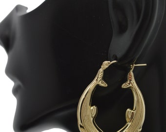 Real 10K Yellow Solid Gold Kissing Dolphin Hoop Earrings 33.5 mm 3.3 gr | Women-Ladies Jewelry 10k Earrings | Solid 10k Gold Hoop Earrings