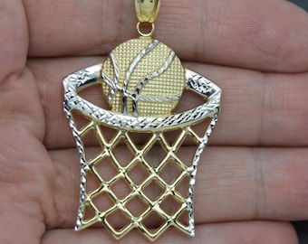 Real 10K Two-Tone Gold 54mm Basketball Hoop Net Sport Diamond Cut Pendant 3.8gr | Men-Women Jewelry Pendant | Solid 10k Gold Pendant