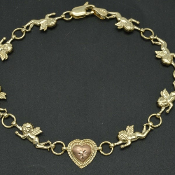 Echt 10k Gelbgold Engel gebürstet & Diamond Cut Herz Liebe Armband 9,7mm 71/4 '' | Frauen-Damenschmuck Armband | Massives 10k Gold Armband