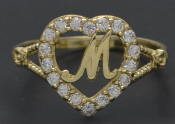Real 10K Solid Yellow Gold 17mm CZ Heart Initial Letter Ring A-Z