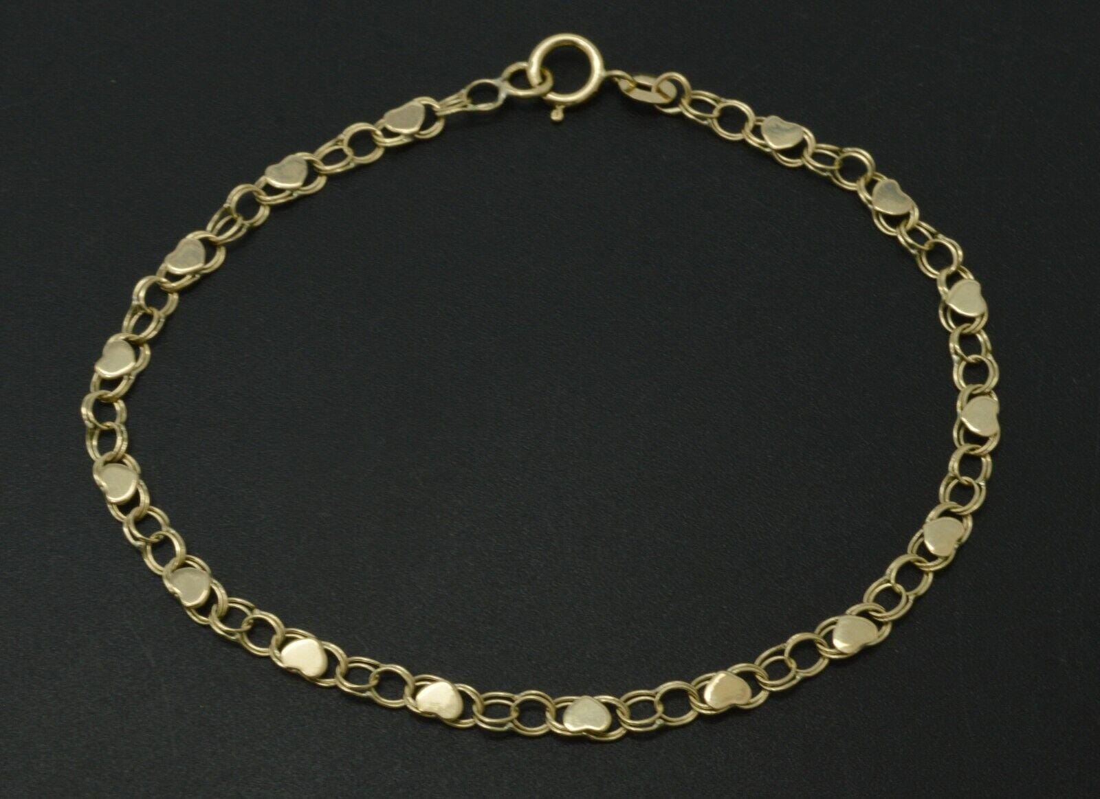 10k Yellow Solid Gold Mirrored Heart Link Chain Charm Bracelet 7'' - 8''