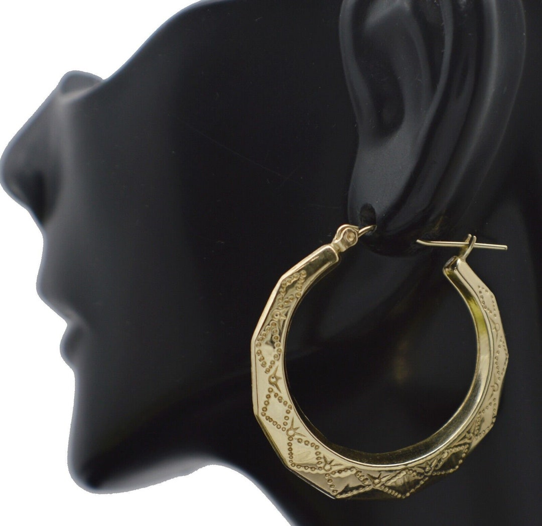 3/4 Diamond Cut Textured Octagon Hoop Earrings Real 10K Yellow Gold | Australia 3/4 Diamond Cut Textured Octagon Hoop Earrings Real 10K Yellow Gold | Australia