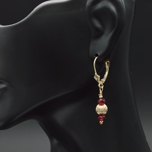 New 14K Solid Gold Natural Ruby and Corrugated Beaded Leverback Earrings | Women-Ladies Jewelry Earrings | Solid 14k Gold Drop Earrings
