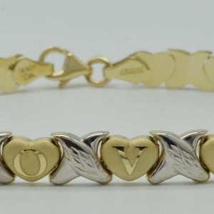 Real 10k Multi-color Gold &quot;Heart & Kisses&quot; XO love Bracelet 6.3mm 71/2&#39;&#39; | Women-Ladies 10k Gold Jewelry Bracelet | Solid 10k Gold Bracelet
