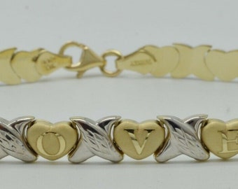 Real 10k oro multicolor "Corazón y besos" XO pulsera de amor 6.3mm 71/2'' / Mujer-Damas 10k Pulsera de joyería de oro / Pulsera de oro sólido de 10k