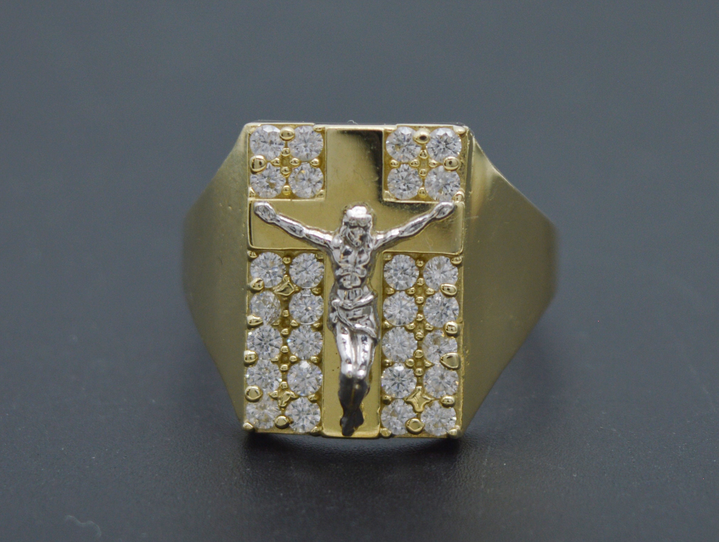 Real Solid 10K Yellow White Gold CZ Jesus Crucifix Ring - Etsy