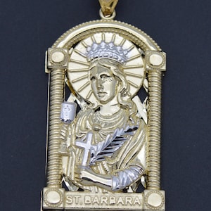 Medalhão real sólido em ouro amarelo 10K brilhante Santa Bárbara pingente lapidação diamante 10.gr | Pingente de joias masculino-feminino | Pingente Sólido em Ouro 10k