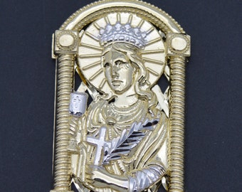 Real Solid 10K Yellow Gold Shiny Medallion St. Barbara Diamond Cut Pendant 10.gr | Men-Women Jewelry Pendant | Solid 10k Gold Pendant