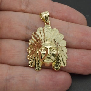 Real 10k Yellow Gold Diamond Cut Indian Head Pendant 38mm length 5 grams | Men-Women Jewelry Pendant | Indian Head Solid 10k Gold Pendant