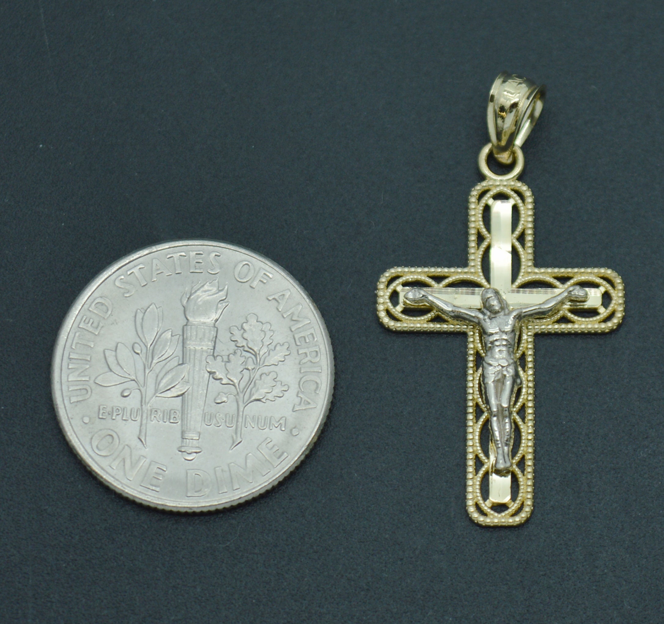 Glänzend Jesus Kruzifix Kreuz Anhänger Echt Massiv 10K Gelb Weiß Gold