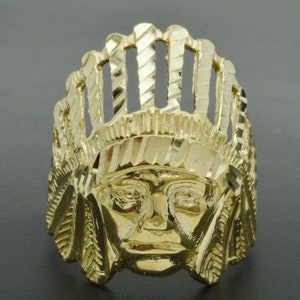Real Solid 10K Yellow Gold &#39;&#39;BIG&#39;&#39; Men&#39;s Diamond Cut Indian Head Ring ALL SIZES | Men&#39;s Jewelry Unique Ring | Solid 10k Gold Ring for Men